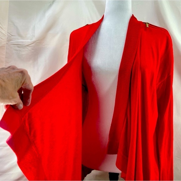 MICHAEL Michael Kors Rich Red Open Knit Cardigan w Zipper Shoulders Full Wrap L - Picture 4 of 15